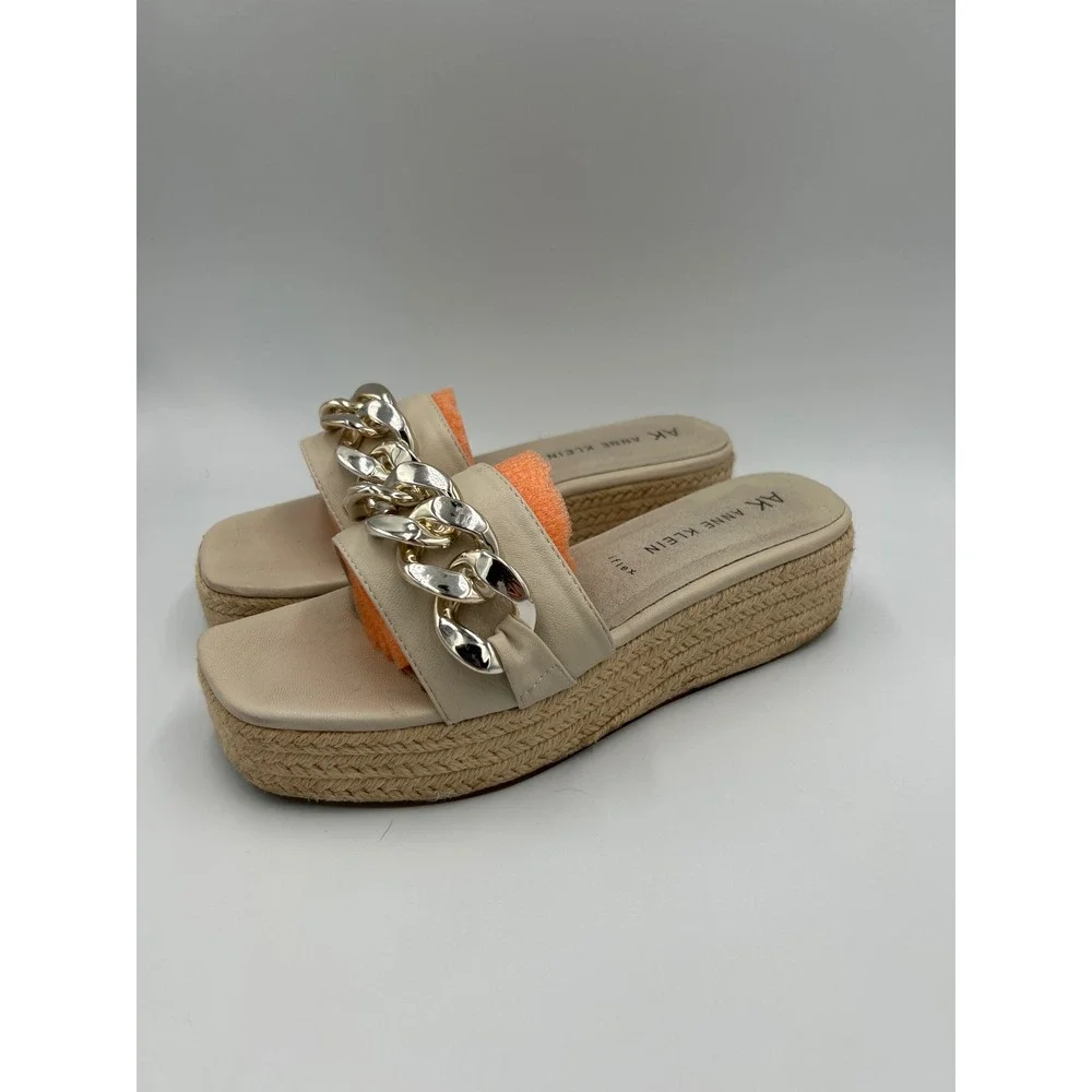Anne Klein AK iFlex Cream Chain Link Platform Espadrille Slide Sandals Womens 9
